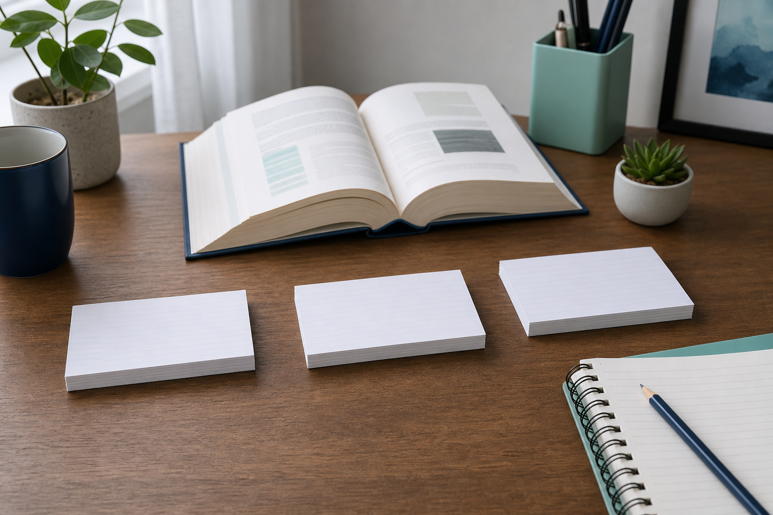 Open studieboek met lege vraagkaartjes, potlood en een rustige houten werktafel
